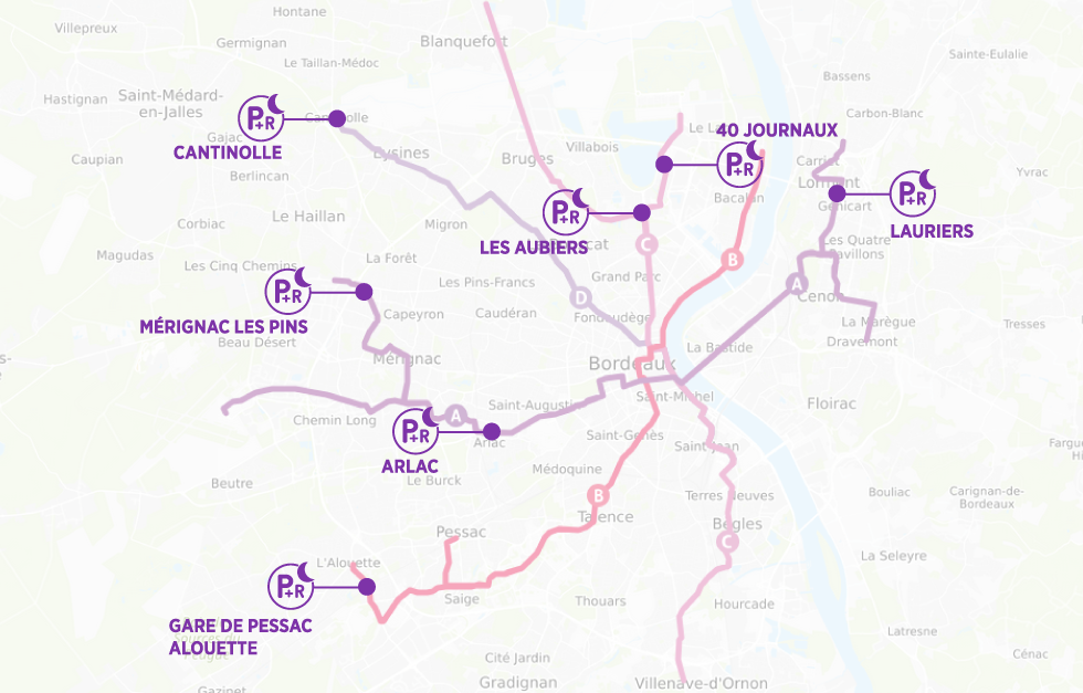 Plan des parcs-relais concernés par le titre riverains nocturnes.