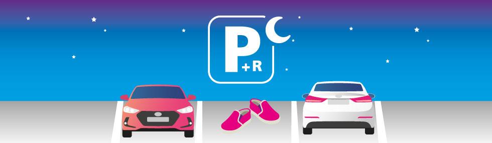 Image de nuit avec des voitures et des chaussons sur des places de parking. Illustration indiquand qu'on peut se garer la nuit dans certains parcs-relais.