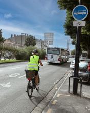 Cyclist in a shared lane with buses.